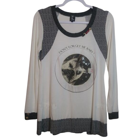 Tricot Chic Knit Cream and Black Long Sleeve Graphic Top Odd Art Luxury Size 10 - Picture 1 of 15